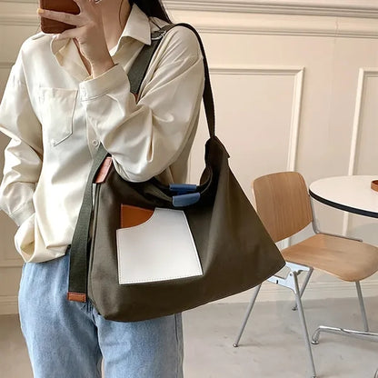 Spacious Patchwork Canvas Handbag with Adjustable Strap