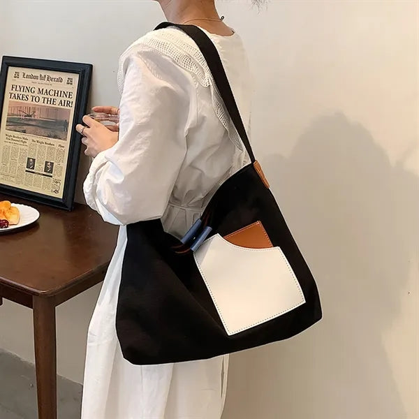 Spacious Patchwork Canvas Handbag with Adjustable Strap