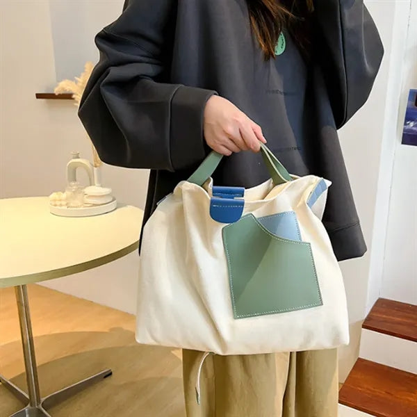 Spacious Patchwork Canvas Handbag with Adjustable Strap