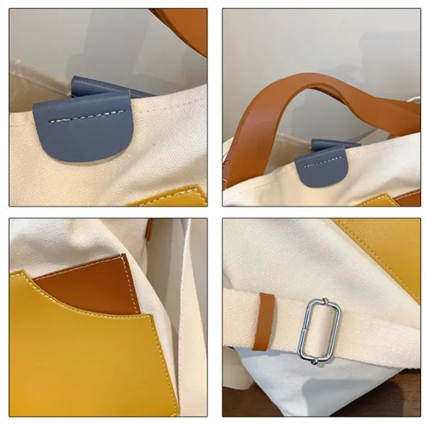 Spacious Patchwork Canvas Handbag with Adjustable Strap