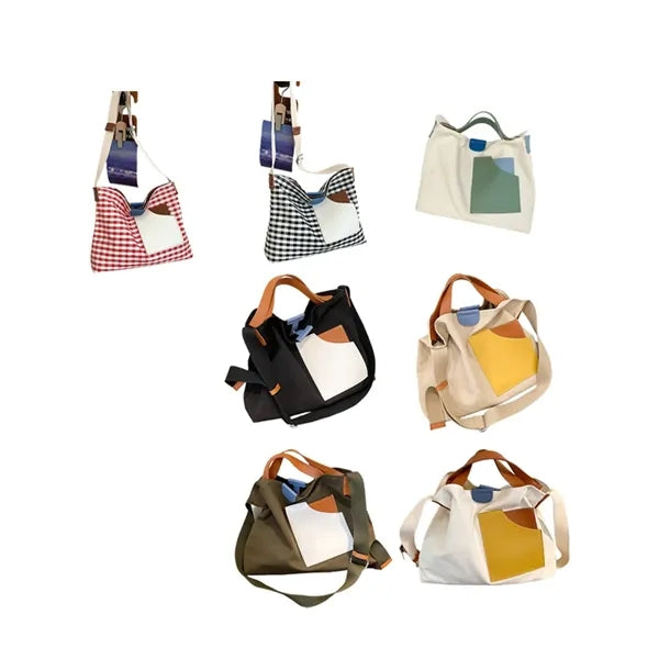 Spacious Patchwork Canvas Handbag with Adjustable Strap