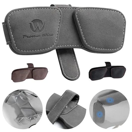 PU Leather Slim Dual Clip Magnetic Car Visor Glasses Holder