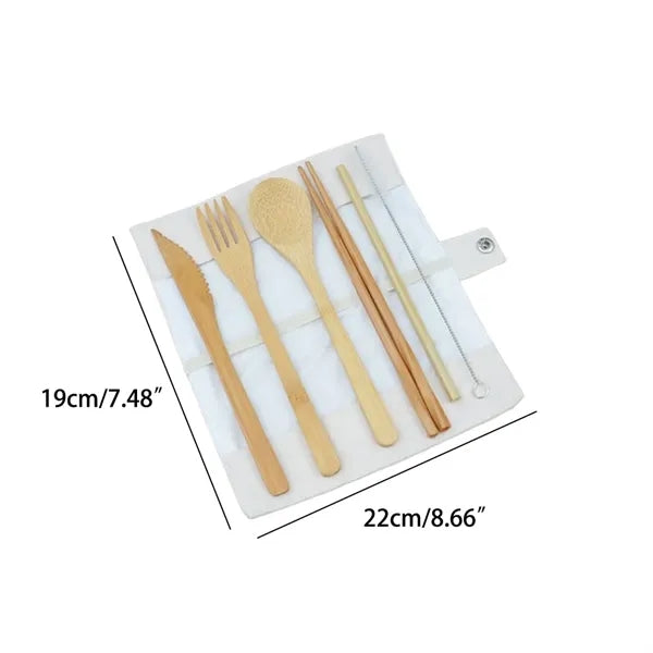 7in1 Travel Lightweight Bamboo Cutlery Set with Canvas Pouch