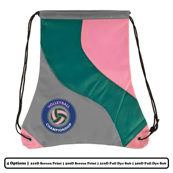 Multi-Panel Swiggly Colorblock Polyester Drawstring Bag w/