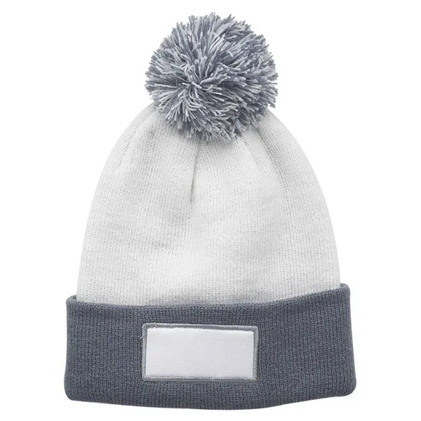 Cuffed Two-Tone Pompom Knit Hat with Patch