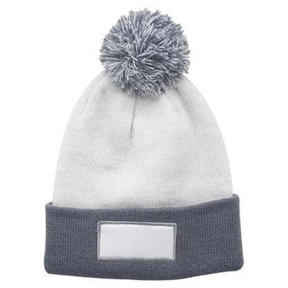 Cuffed Two-Tone Pompom Knit Hat with Patch