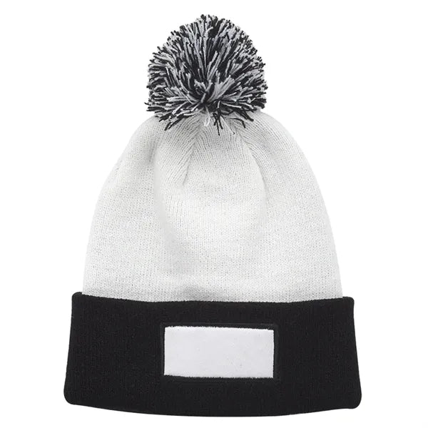 Cuffed Two-Tone Pompom Knit Hat with Patch