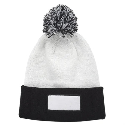 Cuffed Two-Tone Pompom Knit Hat with Patch