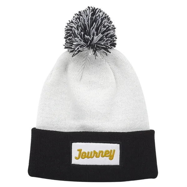 Cuffed Two-Tone Pompom Knit Hat with Patch