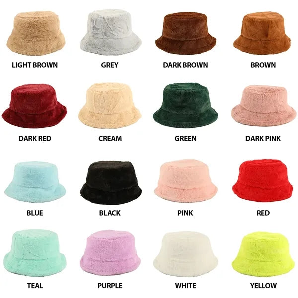 Solid Color Faux Fur Bucket Hat with Custom Logo
