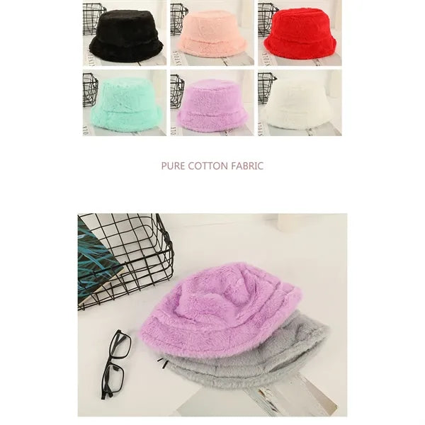 Solid Color Faux Fur Bucket Hat with Custom Logo