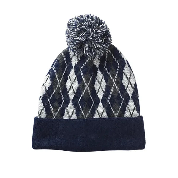 Diamond Knit Beanie with Pompom & Cuff