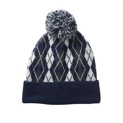 Diamond Knit Beanie with Pompom & Cuff