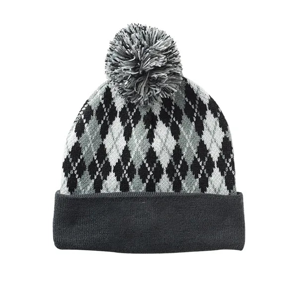 Diamond Knit Beanie with Pompom & Cuff