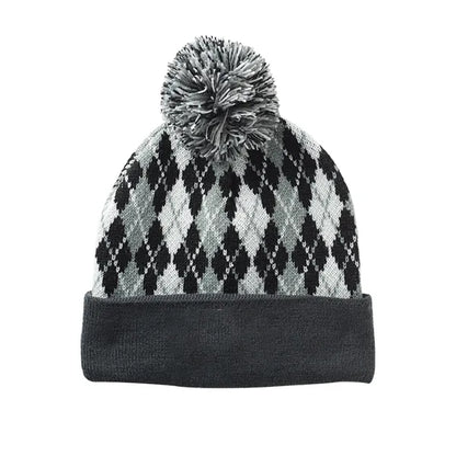 Diamond Knit Beanie with Pompom & Cuff