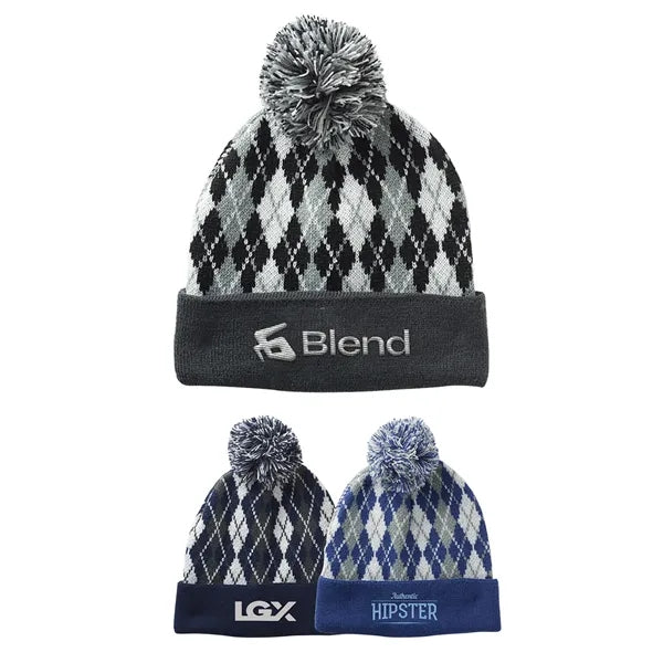 Diamond Knit Beanie with Pompom & Cuff