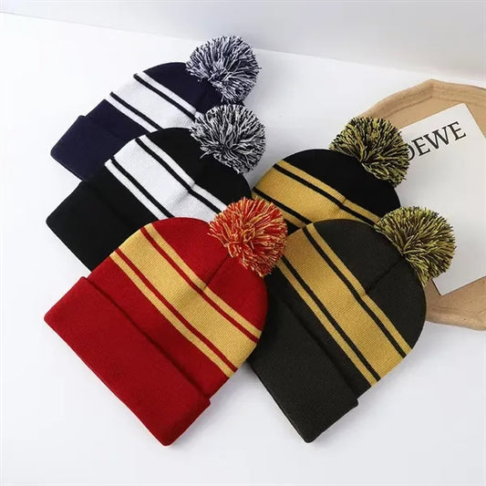 Acrylic Rib Knit Embroidered Pom Pom Beanies