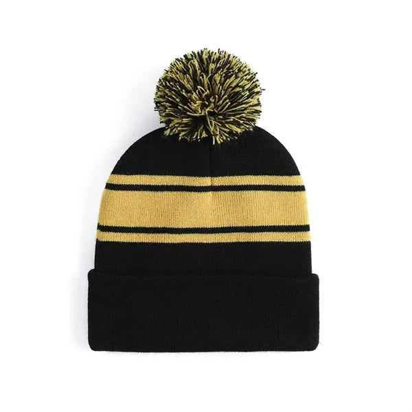 Acrylic Rib Knit Embroidered Pom Pom Beanies
