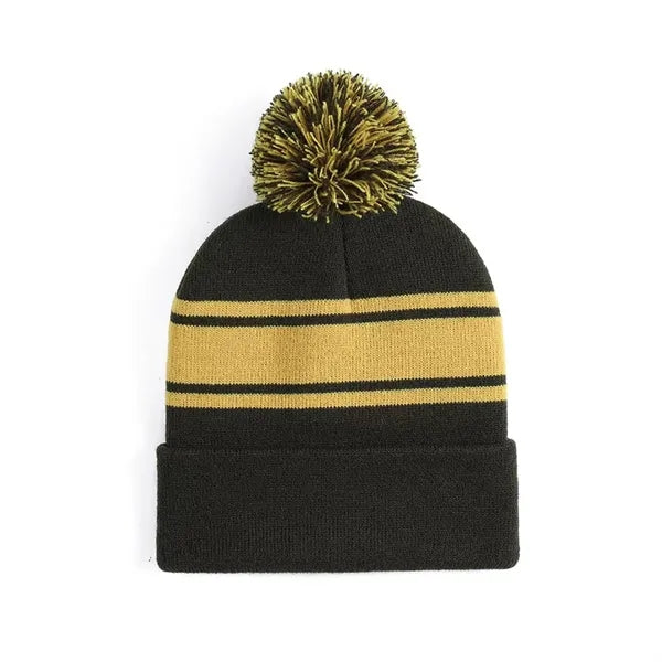 Acrylic Rib Knit Embroidered Pom Pom Beanies