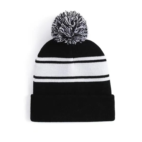 Acrylic Rib Knit Embroidered Pom Pom Beanies