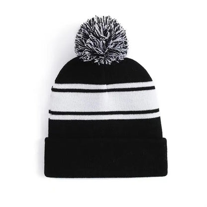 Acrylic Rib Knit Embroidered Pom Pom Beanies