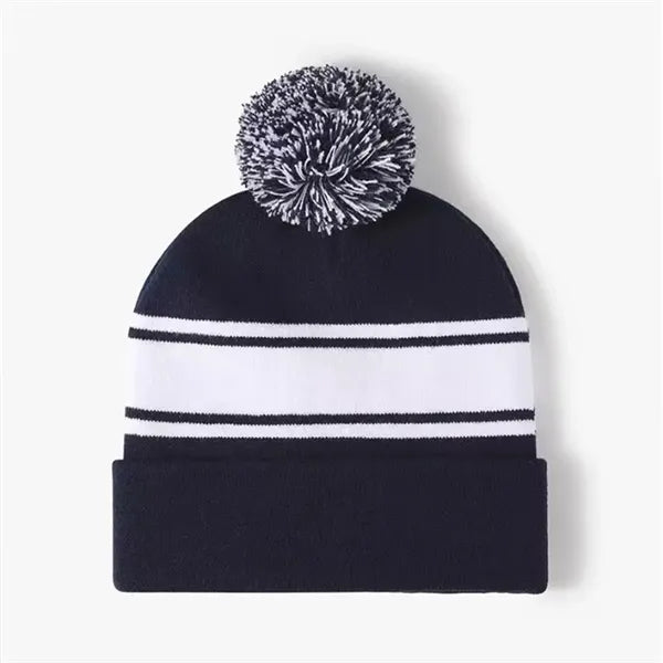 Acrylic Rib Knit Embroidered Pom Pom Beanies