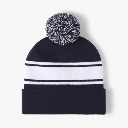 Acrylic Rib Knit Embroidered Pom Pom Beanies