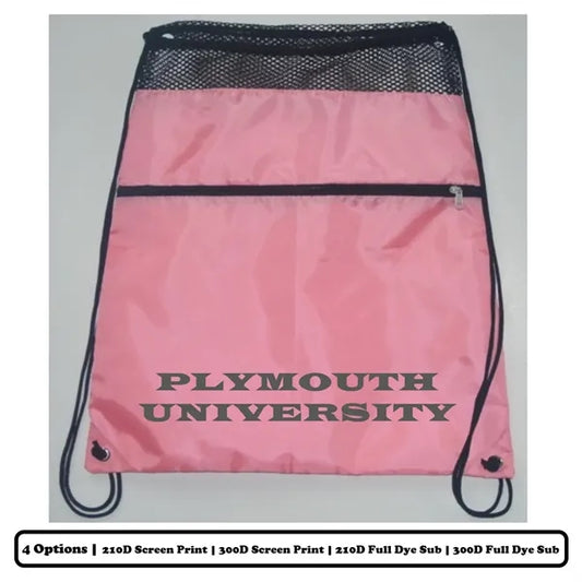 Mesh-Top Polyester Drawstring Bag w/ Horizontal-Zip Pocket