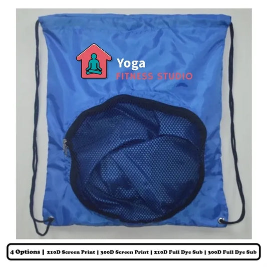 Polyester Drawstring Bag w/ Circular Mesh Pocket w/ Custom