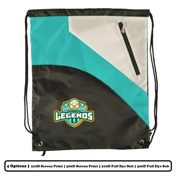 Multi-Panel Polyester Drawstring Bag w/ Small Slant-Zip