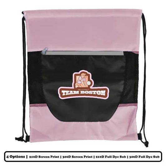 Horizontal Multi-Panel Polyester Drawstring Bag w/ Front Zip