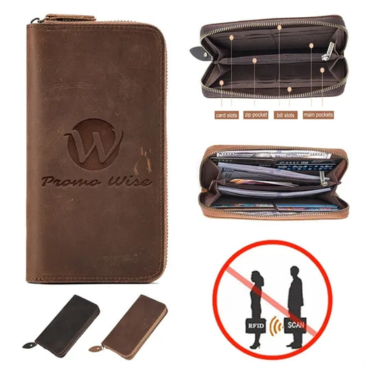 Genuine Leather RFID Blocking Zipper Around Long Wallet