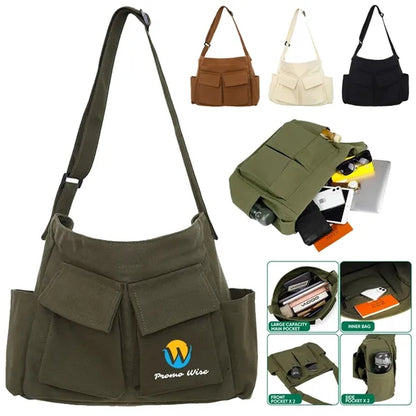 Large Capacity Magnetic Buckle Pockets Canvas Messenger Bag