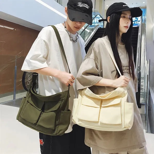 Large Capacity Magnetic Buckle Pockets Canvas Messenger Bag