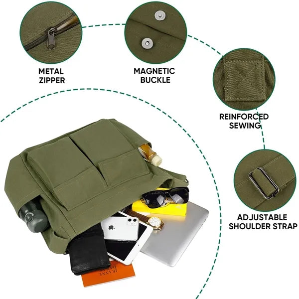 Large Capacity Magnetic Buckle Pockets Canvas Messenger Bag