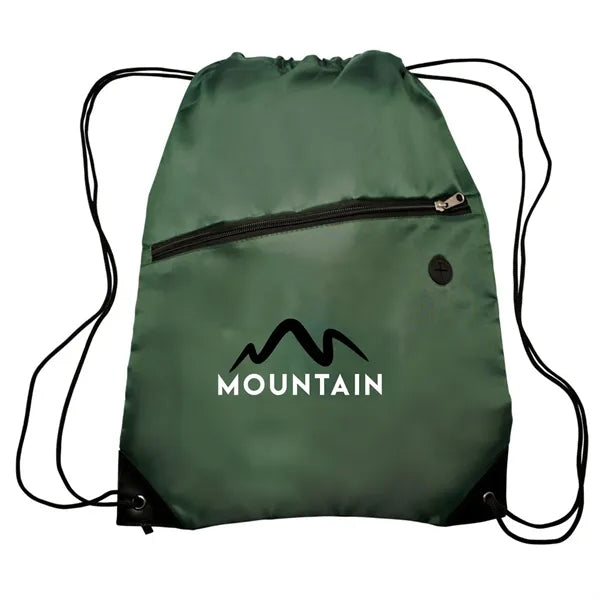 Polyester 210D Drawstring Bag w/ Zippered Pocket - 13.5"W x