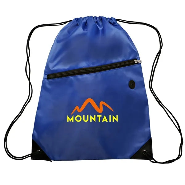 Polyester 210D Drawstring Bag w/ Zippered Pocket - 13.5"W x