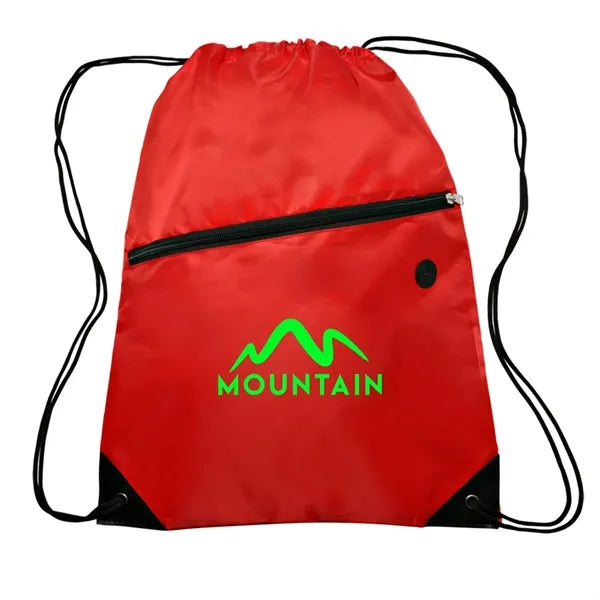 Polyester 210D Drawstring Bag w/ Zippered Pocket - 13.5"W x