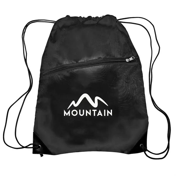 Polyester 210D Drawstring Bag w/ Zippered Pocket - 13.5"W x