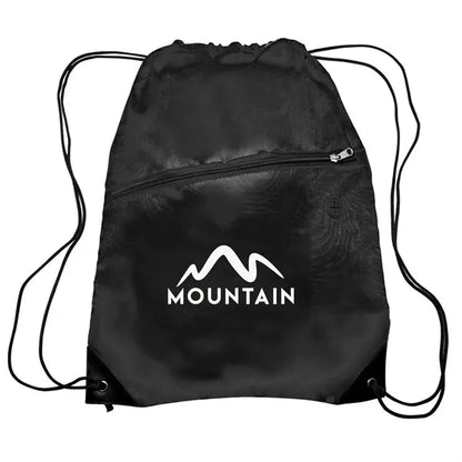Polyester 210D Drawstring Bag w/ Zippered Pocket - 13.5"W x