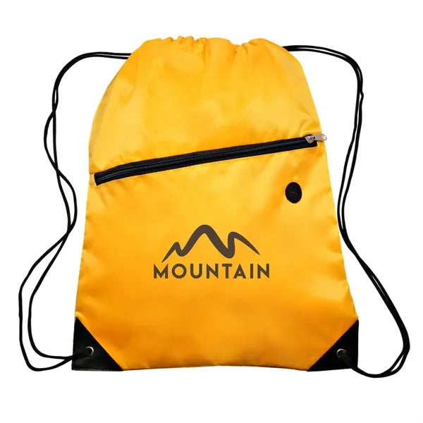 Polyester 210D Drawstring Bag w/ Zippered Pocket - 13.5"W x