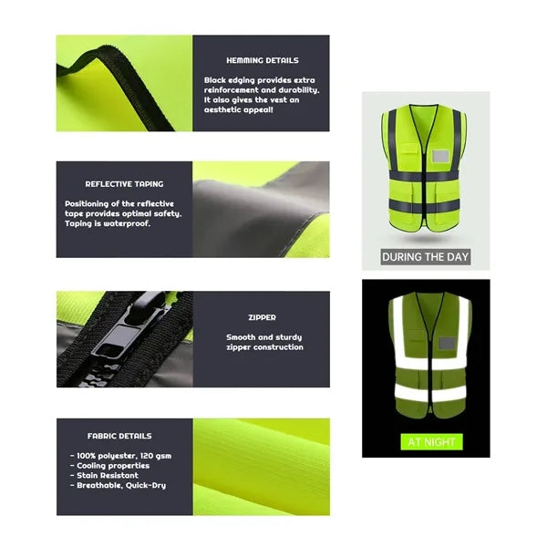 VISIPRO Unisex Front-Zip Reflective Safety Vest with Pockets