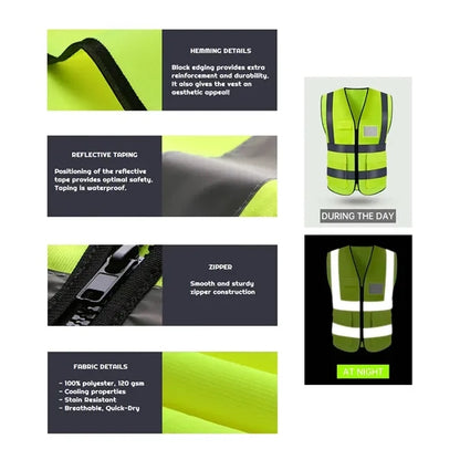 VISIPRO Unisex Front-Zip Reflective Safety Vest with Pockets