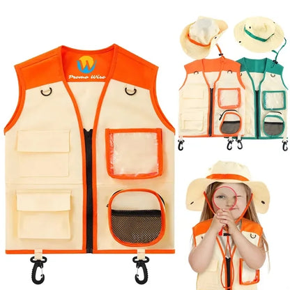 Multi-Pocket Kids Explorer Vest Matching Sun Protection Hat