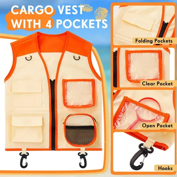 Multi-Pocket Kids Explorer Vest Matching Sun Protection Hat