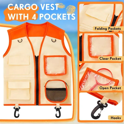Multi-Pocket Kids Explorer Vest Matching Sun Protection Hat