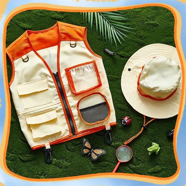 Multi-Pocket Kids Explorer Vest Matching Sun Protection Hat