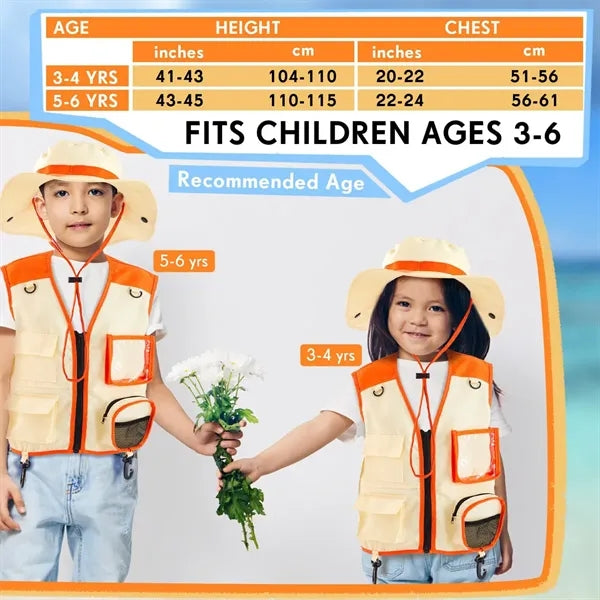 Multi-Pocket Kids Explorer Vest Matching Sun Protection Hat