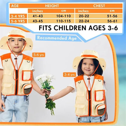 Multi-Pocket Kids Explorer Vest Matching Sun Protection Hat