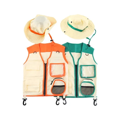 Multi-Pocket Kids Explorer Vest Matching Sun Protection Hat